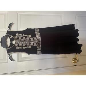 Black Sleeveless Midi Dress with White Embroidery